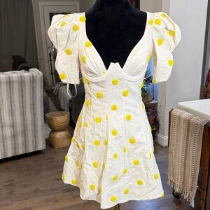 For Love And Lemons White Mini Dress with Yellow Dots